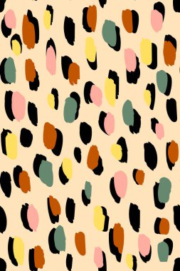 Basit, pürüzsüz, kaotik, soyut, çok renkli, siyah mürekkep lekeli, pembe arka plan çizimi. Kumaş, duvar kağıdı, kapak, kağıt, şablon üzerine yazdırma