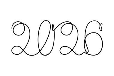 2026, gelecek Noel ve Yeni Yıl 'ın numarası. Sürekli çizgi çizme tarzında tek çizgi çizme. Beyaz arkaplanda izole vektör illüstrasyonu.