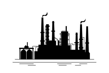 Kimya endüstrisi bitki silueti, fabrika, petrol rafinerisi. Endüstriyel arazi. Tanklar, borular, petrol ürünleri üretimi, sıvılaştırılmış benzin, kimya. Vektör çizimi izole edildi