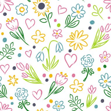Çiçekli ve kalpli kusursuz vektör deseni. Çocuk tarzı. El yapımı botanik elementler. Tekstil, kumaş, duvar kağıdı baskısı.
