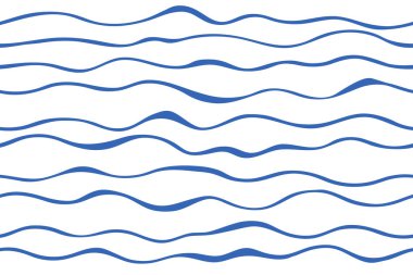 Beyaz arka planda el çizimi mavi dalgalı çizgiler. Dalgalı çizgileri olan kusursuz bir desen. Yaz deniz dalgaları ve deniz hayatı kavramı. Tasarım, tekstil, duvar kağıdı, pankart için arkaplan.