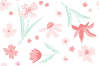 Yumuşak pastel, pürüzsüz çiçek deseni, sevimli el çizimleri, açık arkaplanda yapraklar. Bebek bezi, duvar kağıdı, ambalaj kağıdı, kırtasiye malzemesi, çocuk dekorasyonu için mükemmel bir bebek odası tasarımı.
