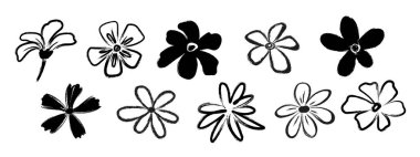 Sert grunge fırçasıyla boyanmış el yapımı soyut çiçekler. Mürekkep desenli siyah beyaz karalamalar, saf şekiller. Desenler, baskılar, damgalama, posterler, ambalajlama için botanik elementler