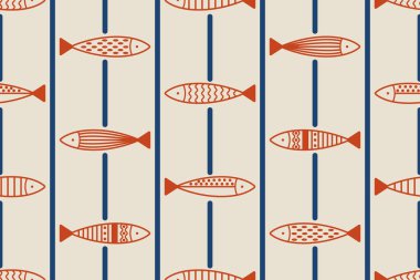 İskandinav tarzında kusursuz el çizimi balık deseni. Basit balık çizimleri ve dikey çizgileri olan minimalist deniz altyapısı. Tekstil, duvar kağıdı, çocuk tasarımı, ambalaj dekoru için mükemmel