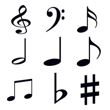 Beyaz bir arka planda müzik sembollerin siluetleri
