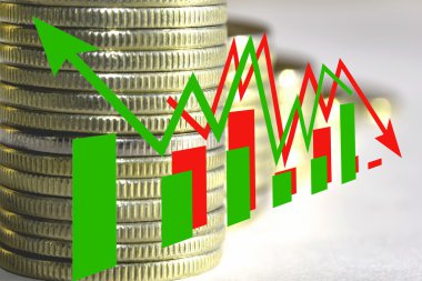 Yeşil ve kırmızı ok - para bir arka plan üzerinde grafik . 