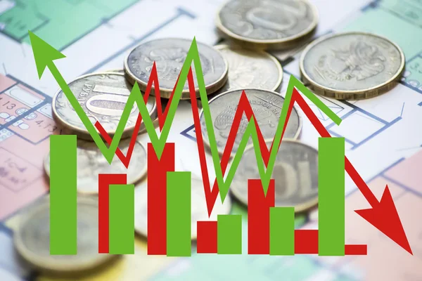Freccia verde e rossa - grafico su uno sfondo di denaro  . — Foto Stock