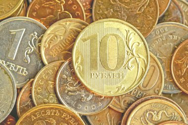 10 ruble banka Rusya'nın arka plan sikkeler üzerinde