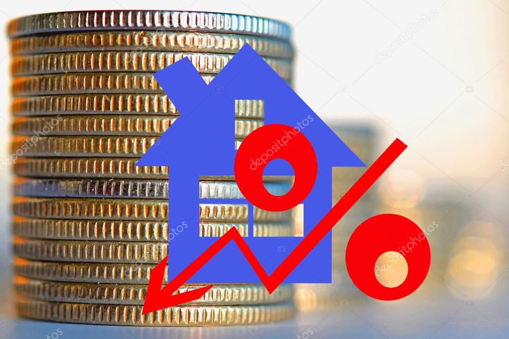 Red percent sign on a background of money .