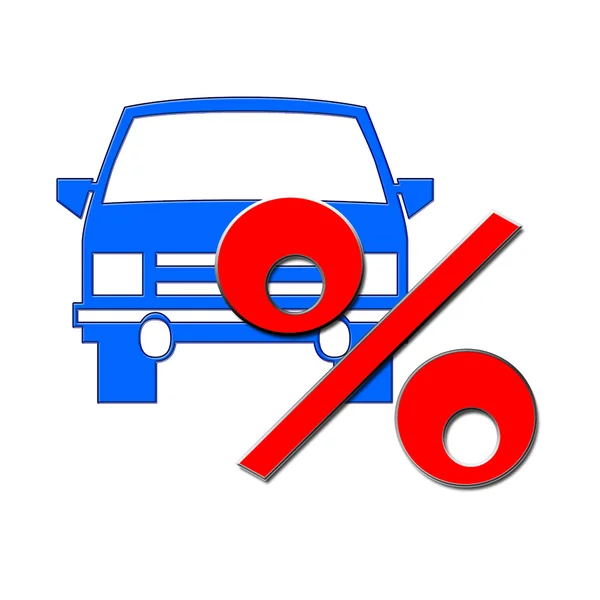 Personenauto en rood procentteken op witte achtergrond . — Stockfoto