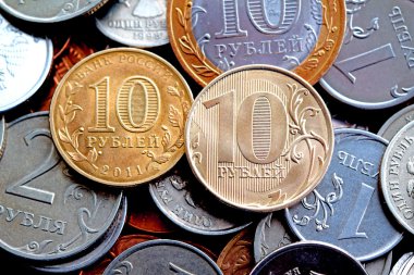 On (10) ruble banka Rusya'nın arka plan sikkeler üzerinde