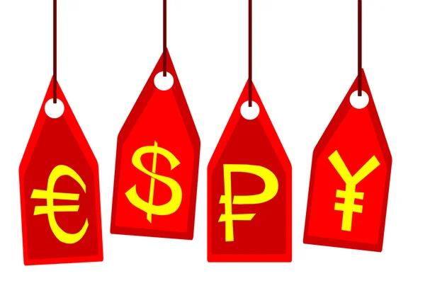 Symboler för olika valutor på röda prislappar — Stockfoto