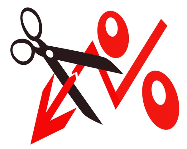 Nożyczki i procent czerwony znak w dół — Zdjęcie stockowe