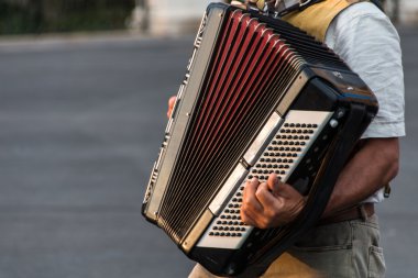 Bir akordeon oynayan sokak müzisyeni