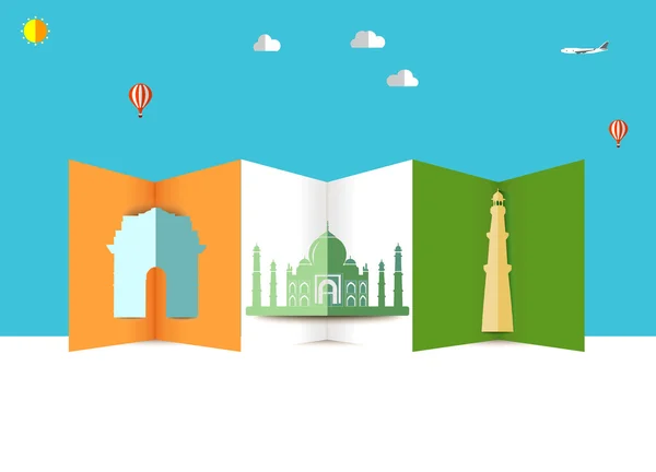 Índia skyline, taj mahal india gate kutub minar ilustração vetorial Viagens e turismo fundo — Vetor de Stock