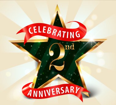 2 Year anniversary celebration golden star ribbon, celebrating 2nd anniversary decorative golden invitation card - vector eps10 clipart
