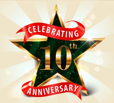 10th anniversary dekoratif altın davetiye kartı - vektör eps10 kutluyor 10 yıl yıldönümü kutlama altın yıldız şerit,