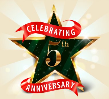 5 Year anniversary celebration golden star ribbon, celebrating 5th anniversary decorative golden invitation card - vector eps10