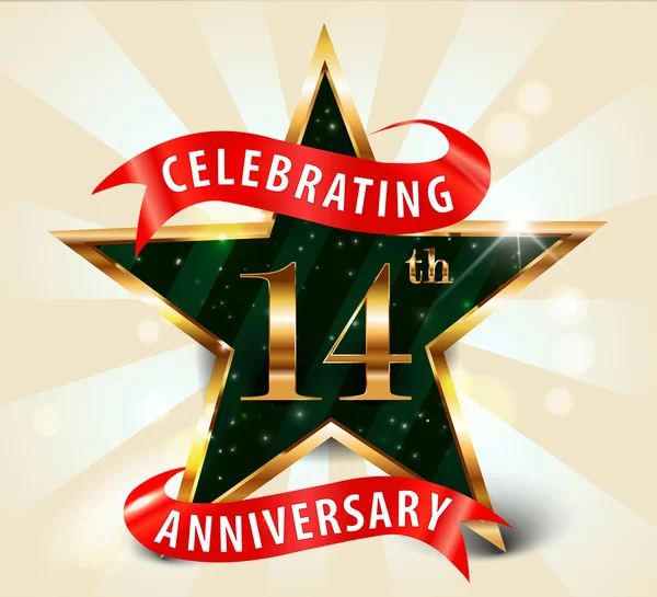 14 Anniversario della celebrazione del nastro di stella d'oro, celebrando 14 anniversario decorativo biglietto d'invito d'oro - vector eps10 — Vettoriale Stock