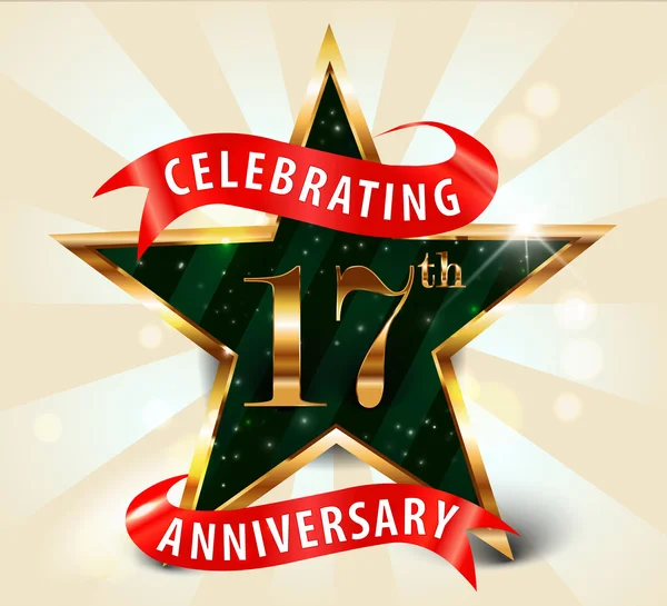 17 aniversario de la celebración de la cinta estrella de oro, la celebración de 17 aniversario decorativo tarjeta de invitación de oro - vector eps10 — Vector de stock