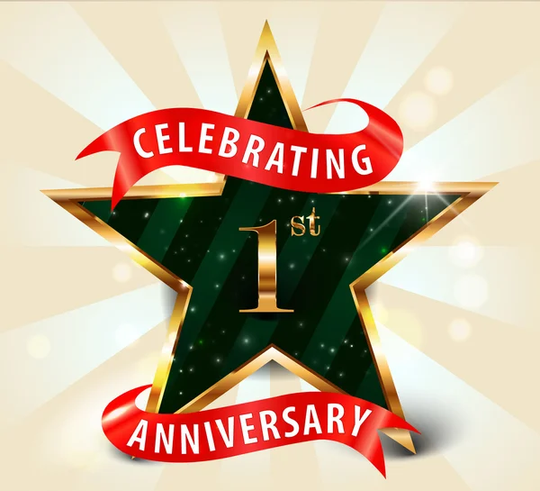 1 Jahr Jubiläumsfeier Goldenes Sternenband, Feier 1. Jahrestag dekorative goldene Einladungskarte - Vektor eps10 — Stockvektor