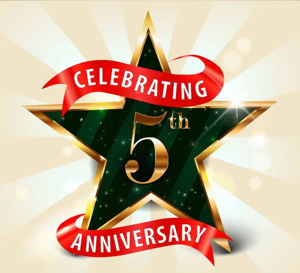 5-Jahres-Feier Goldenes Sternenband, 5-jähriges Jubiläum dekorative goldene Einladungskarte - Vektor eps10 — Stockvektor