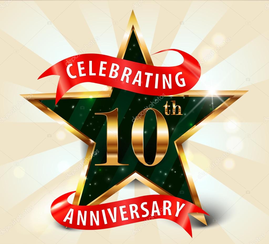 10 Year anniversary celebration golden star ribbon, celebrating 10th anniversary decorative golden invitation card - vector eps10