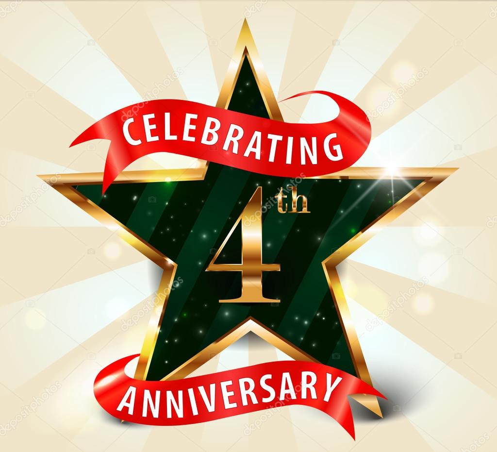 4 Year anniversary celebration golden star ribbon, celebrating 4th anniversary decorative golden invitation card - vector eps10