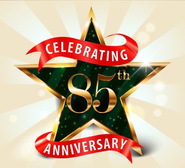 85 Year anniversary celebration golden star ribbon, celebrating 85th anniversary clipart