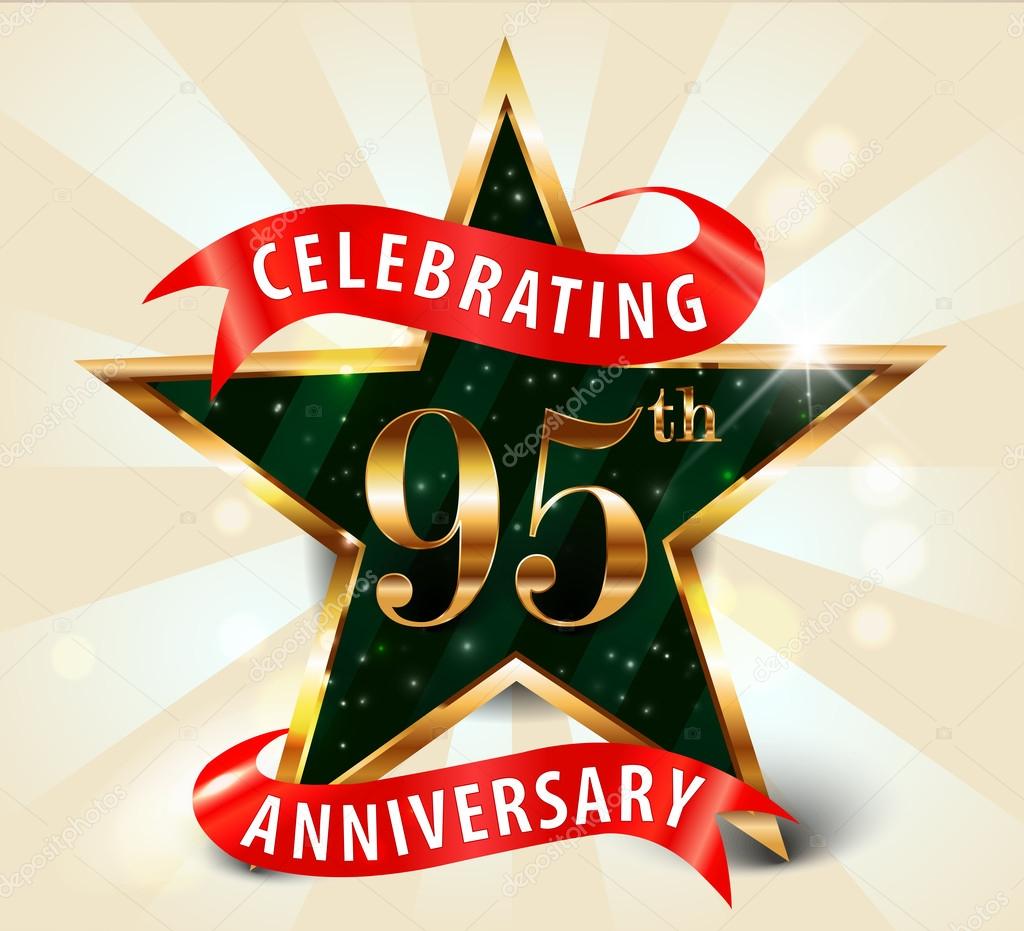95 Year anniversary celebration golden star ribbon, celebrating 95th anniversary