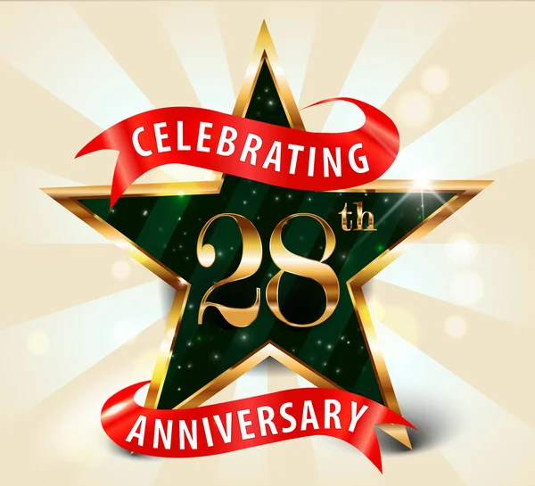 28 jaar verjaardag viering gouden sterren lint, vieren 28e verjaardag decoratieve gouden uitnodigingskaart — Stockvector