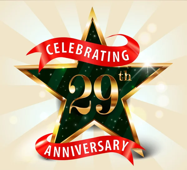 29 Anniversario della celebrazione del nastro di stella d'oro, celebrando 29 anniversario decorativo biglietto d'invito d'oro — Vettoriale Stock