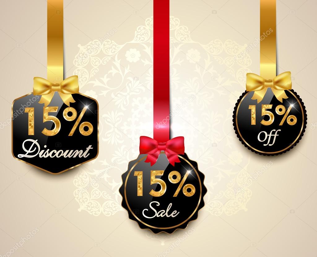 Set of 15 sale and discount golden labels with red bows and ribbons Style Sale Tags Design, 15 off - vector eps10