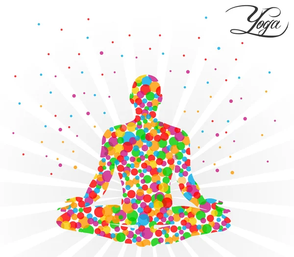 Postura de yoga sobre el fondo círculos de color — Vector de stock