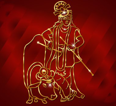 Krishna ile goldenartwork inek üzerinde oturur