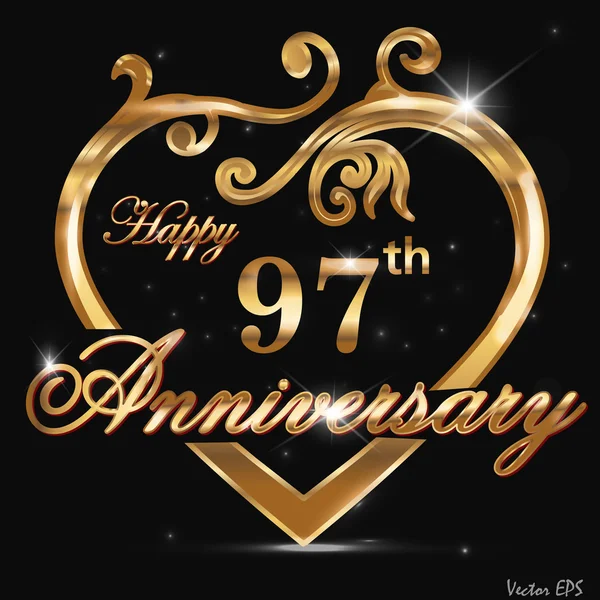 97 year anniversary golden heart — Stock Vector