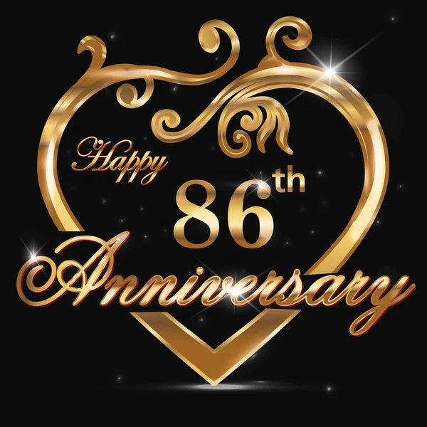 86 year anniversary golden heart — Stock Vector