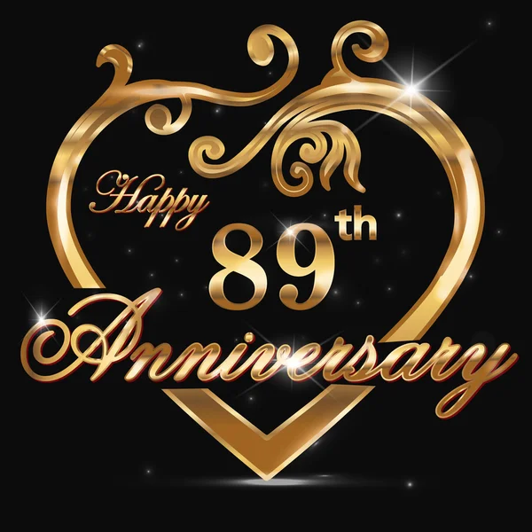 89 year anniversary golden heart — Stock Vector