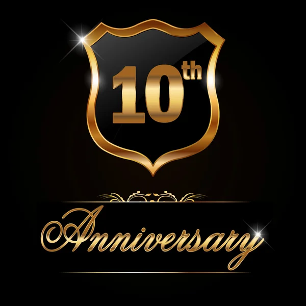 Etiqueta dourada de aniversário de 10 anos — Vetor de Stock