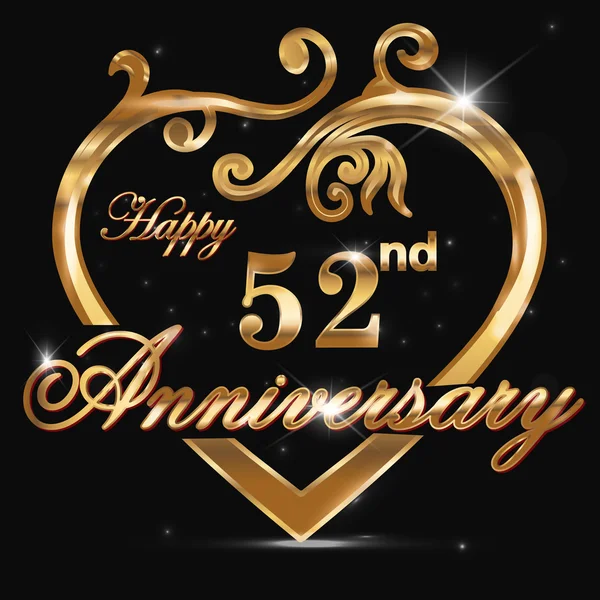 52 year anniversary golden heart — Stock Vector