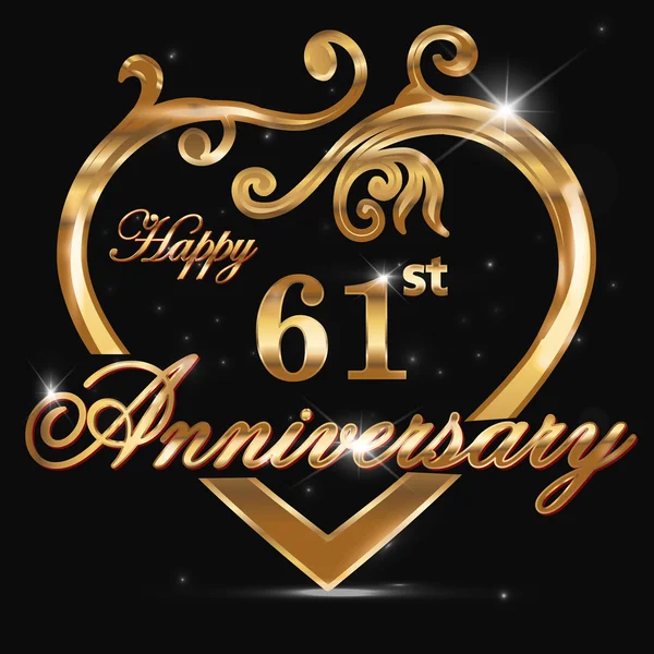 61 year anniversary golden heart — Stock Vector