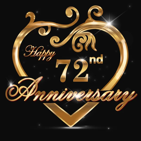 72 year anniversary golden heart — Stock Vector
