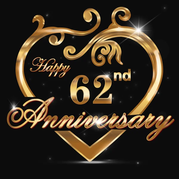 62 year anniversary golden heart — Stock Vector