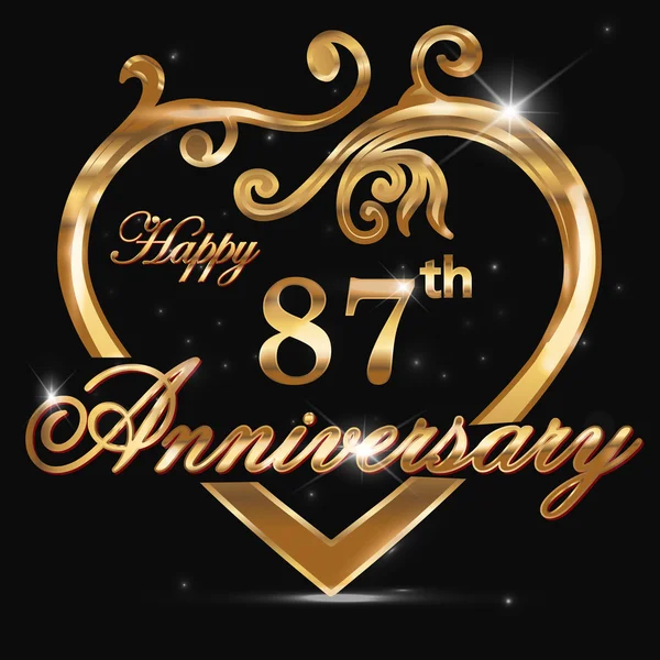 87 year anniversary golden heart — Stock Vector