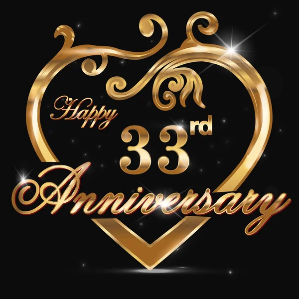 33 anos de aniversário coração dourado — Vetor de Stock