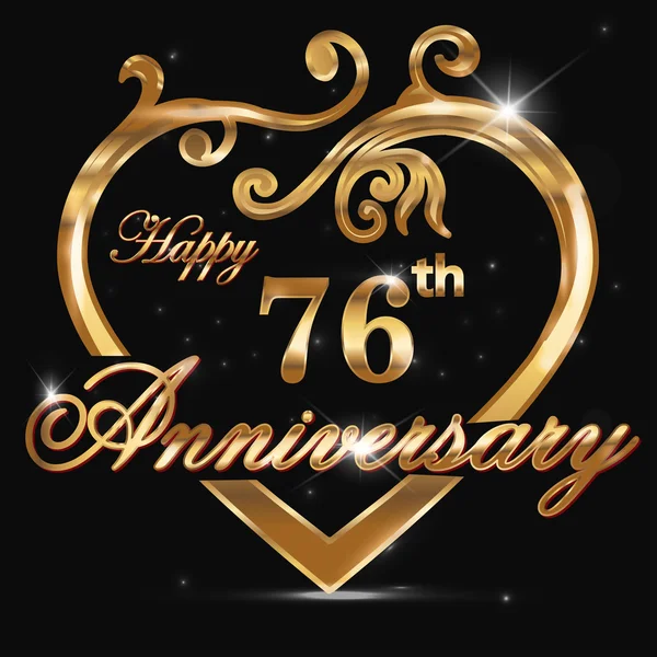 76 anos de aniversário coração dourado — Vetor de Stock