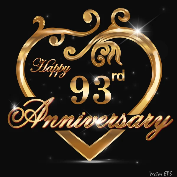 93 aniversario corazón de oro — Vector de stock