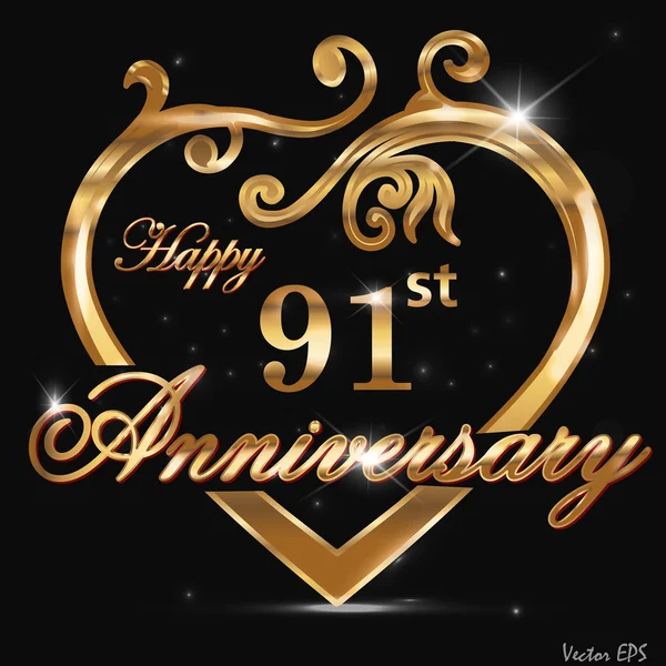 91 aniversario corazón de oro — Vector de stock