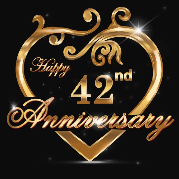 42 aniversario corazón de oro — Vector de stock