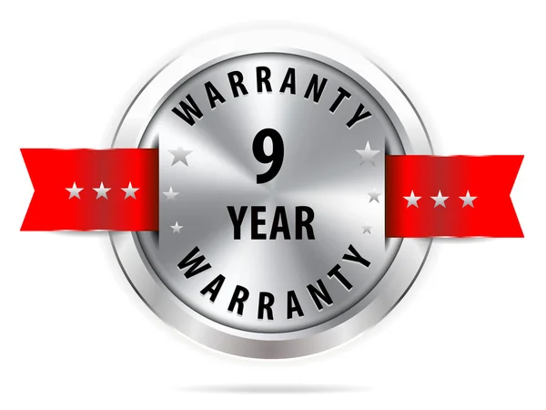 Silver 9 year warranty button seal graphic with red ribbons — Stock Vector